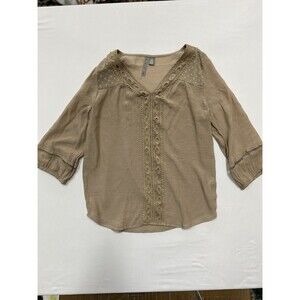 By Design Crochet Accent Boho Blouse - Tan/Taupe - Size Medium